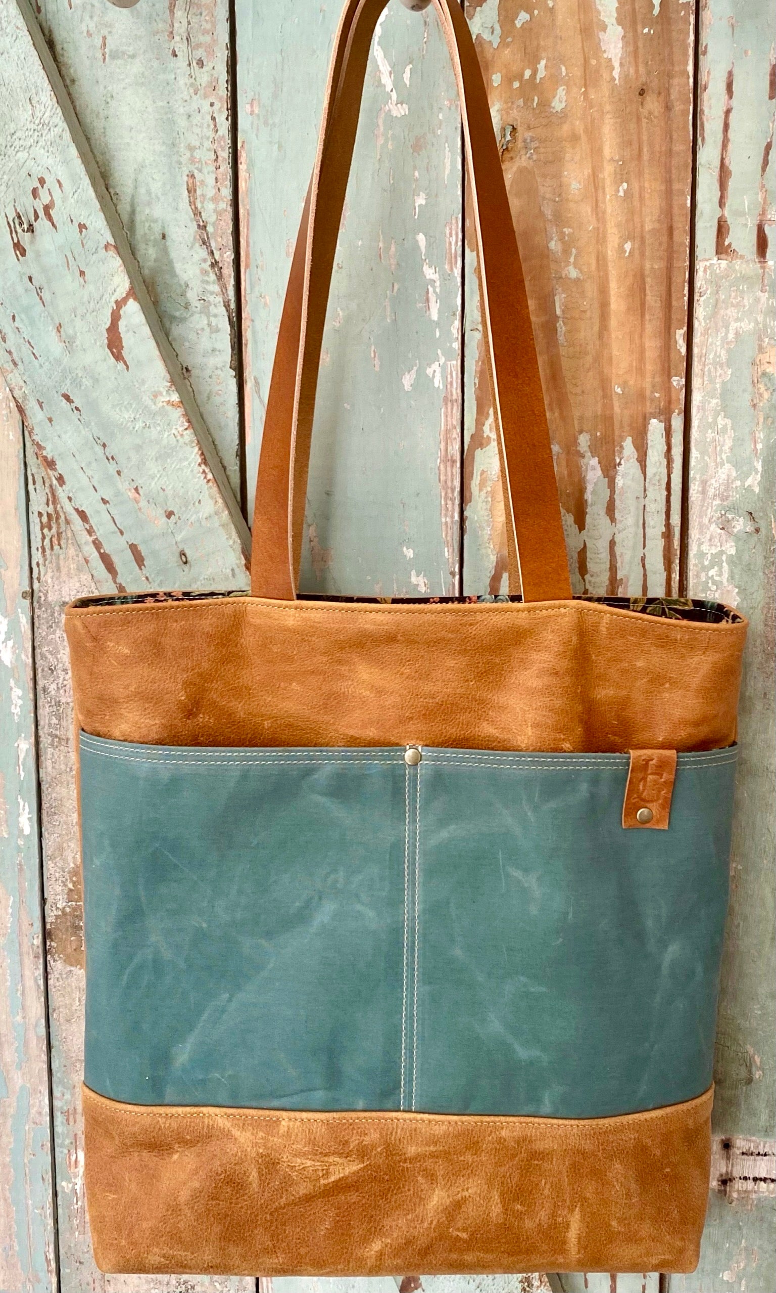 Handcrafted Waxed Canvas Cedar Bucket Bag with Outside Pockets